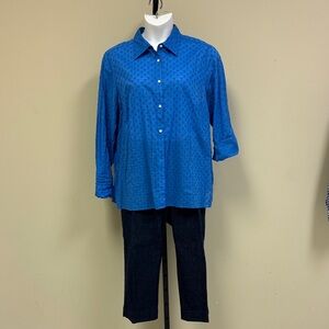Talbots Blue Button-Up Shirt and Dark Wash Denim Capris